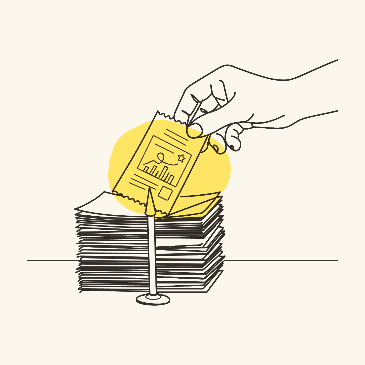 A hand pulling one receipt from a stacked counter spindle to read it closely, the audit