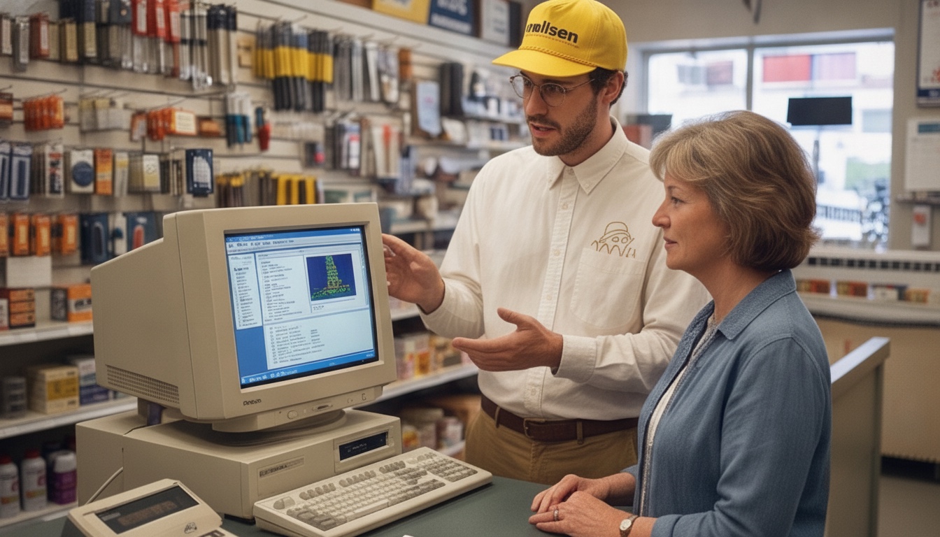 Mr. Wilson showing a shop owner a screen with the one number the fix is chasing.