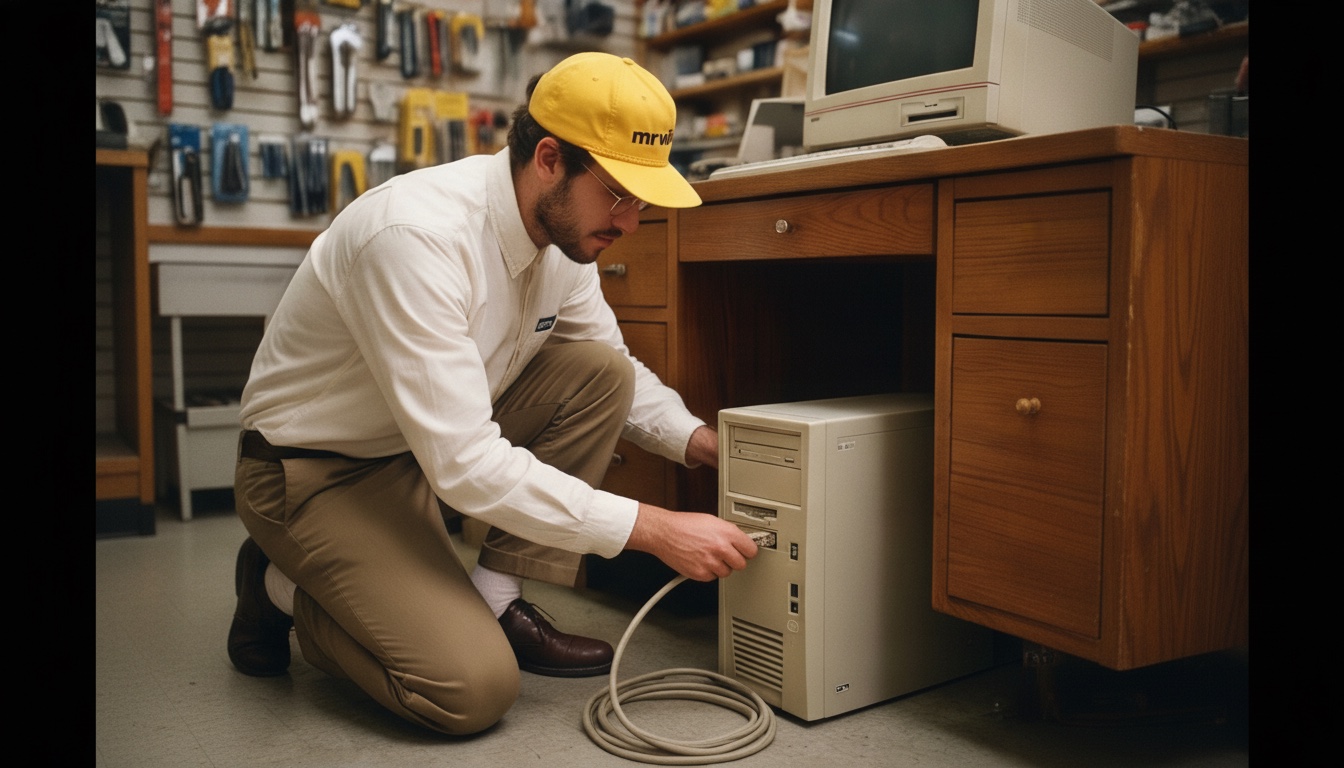 Mr. Wilson kneeling to install the fix on the shop's computer.