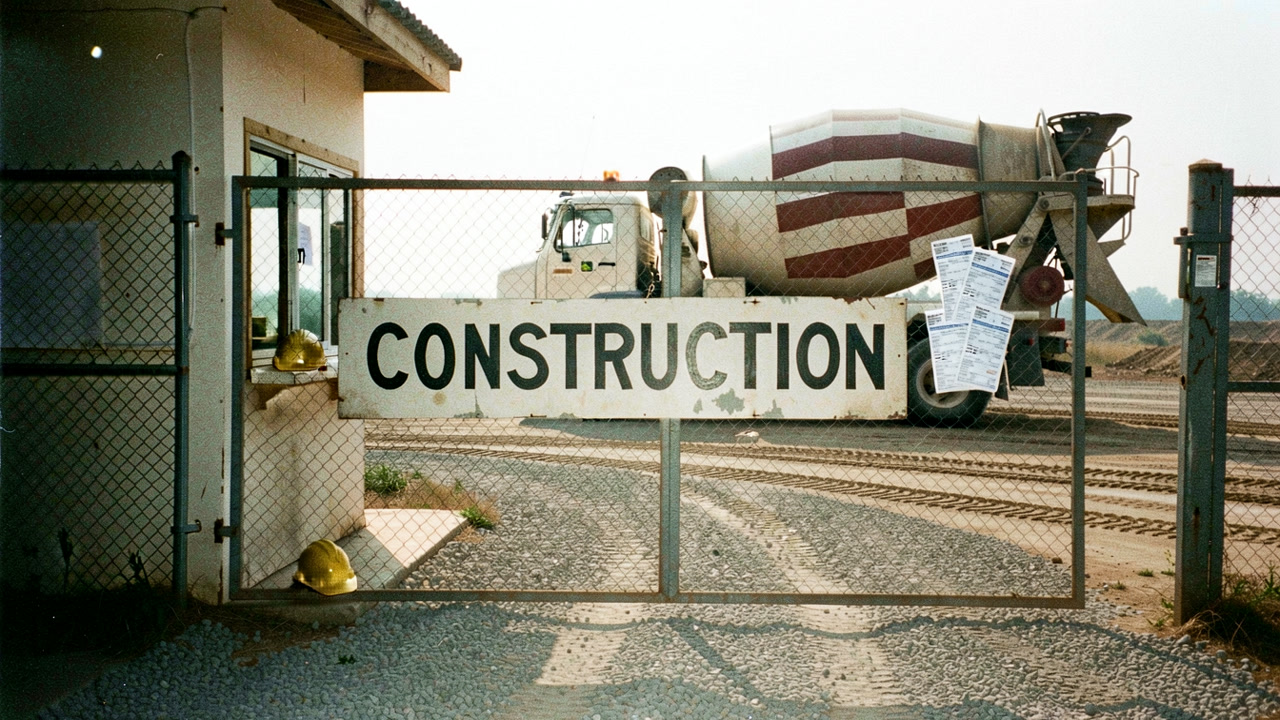A 1991 photograph of a construction business, its sign across the front and nobody in the picture — the poster for the Mr. Wilson film.