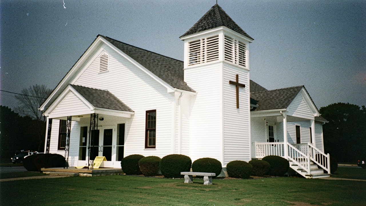 A 1991 photograph of a church business, its sign across the front and nobody in the picture — the poster for the Mr. Wilson film.