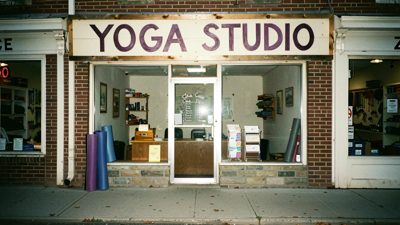 A 1991 photograph of a yoga business, its sign across the front and nobody in the picture — the poster for the Mr. Wilson film.