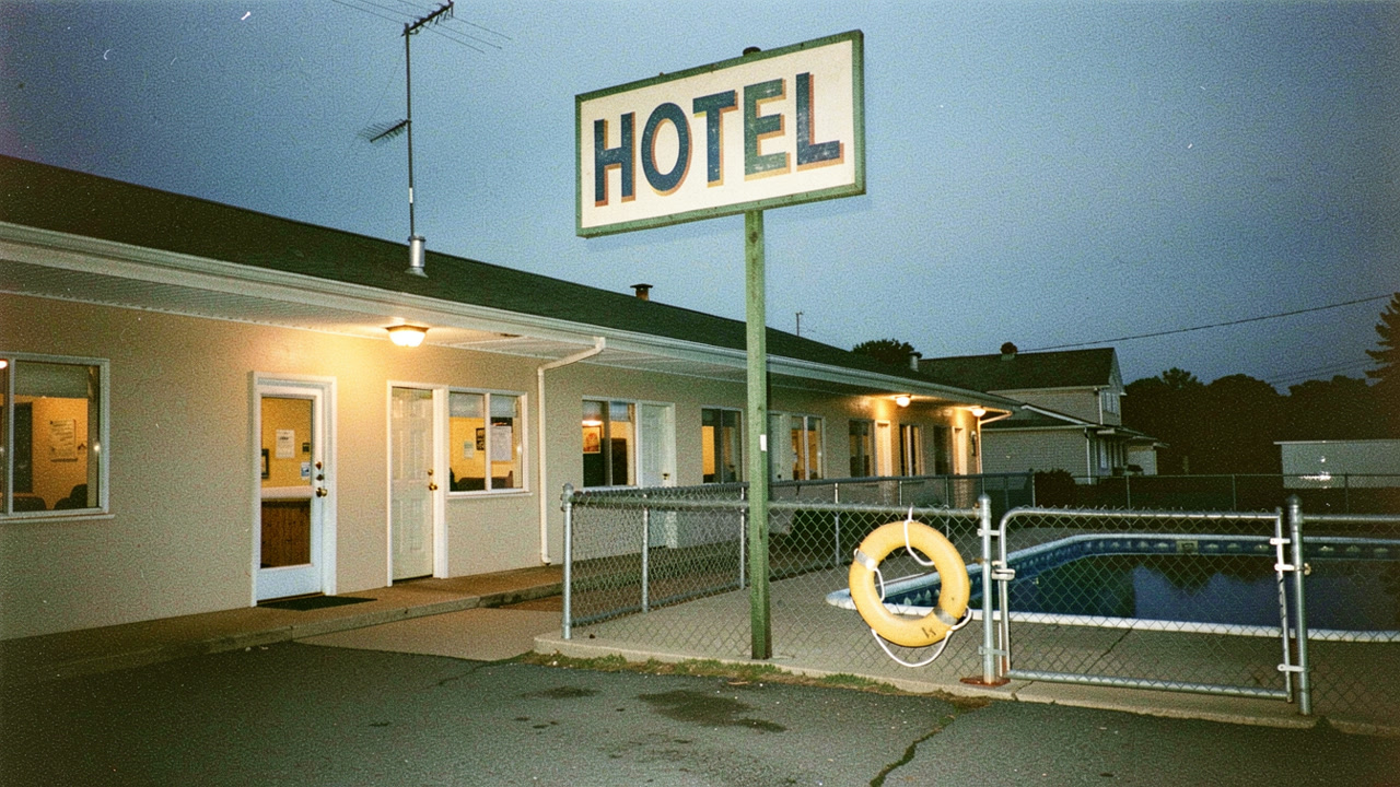 A 1991 photograph of a hospitality business, its sign across the front and nobody in the picture — the poster for the Mr. Wilson film.