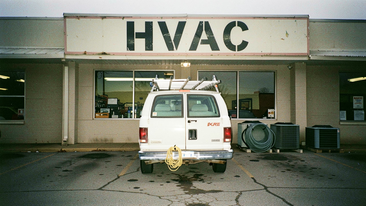 A 1991 photograph of an HVAC business, its sign across the front and nobody in the picture — the poster for the Mr. Wilson film.