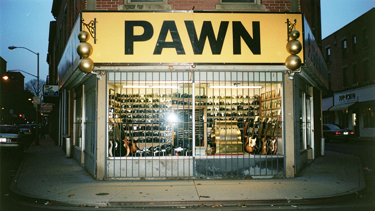 A 1991 photograph of a pawn business, its sign across the front and nobody in the picture — the poster for the Mr. Wilson film.