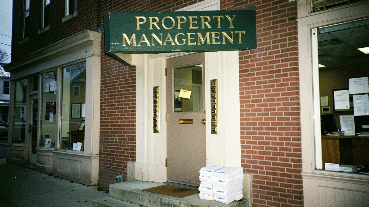 A 1991 photograph of a property management business, its sign across the front and nobody in the picture — the poster for the Mr. Wilson film.